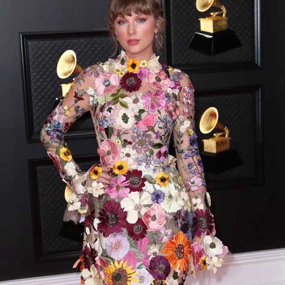 Taylor Swift Grammy Inspired Appliqué Floral Sheer Dress With Open Back Large - Picture 2 of 16